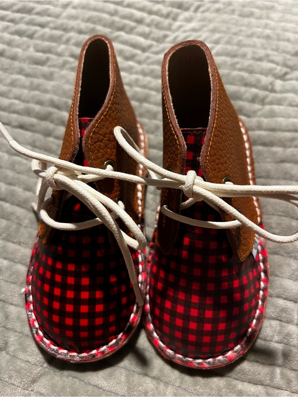 Monkey Feet Red and Black Plaid Lace-Up Baby Shoes with Brown Trim